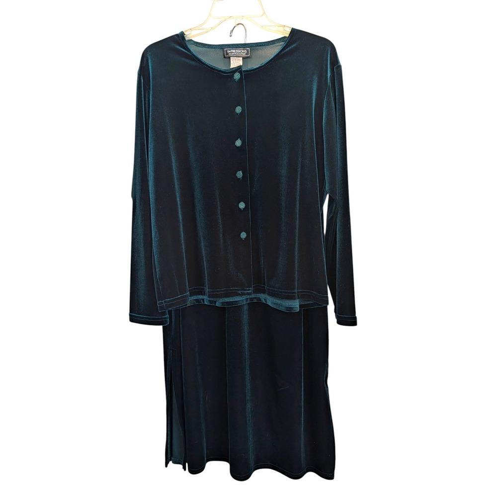 Impressions Green Velvet Button Cardigan and Maxi Skirt Set